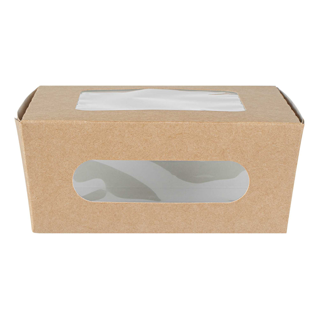 Cafe Vision 41 oz Rectangle Kraft Paper Large Bio Take Out Container - Two Windows - 5 1/4" x 6" x 2 1/2" - 200 count box