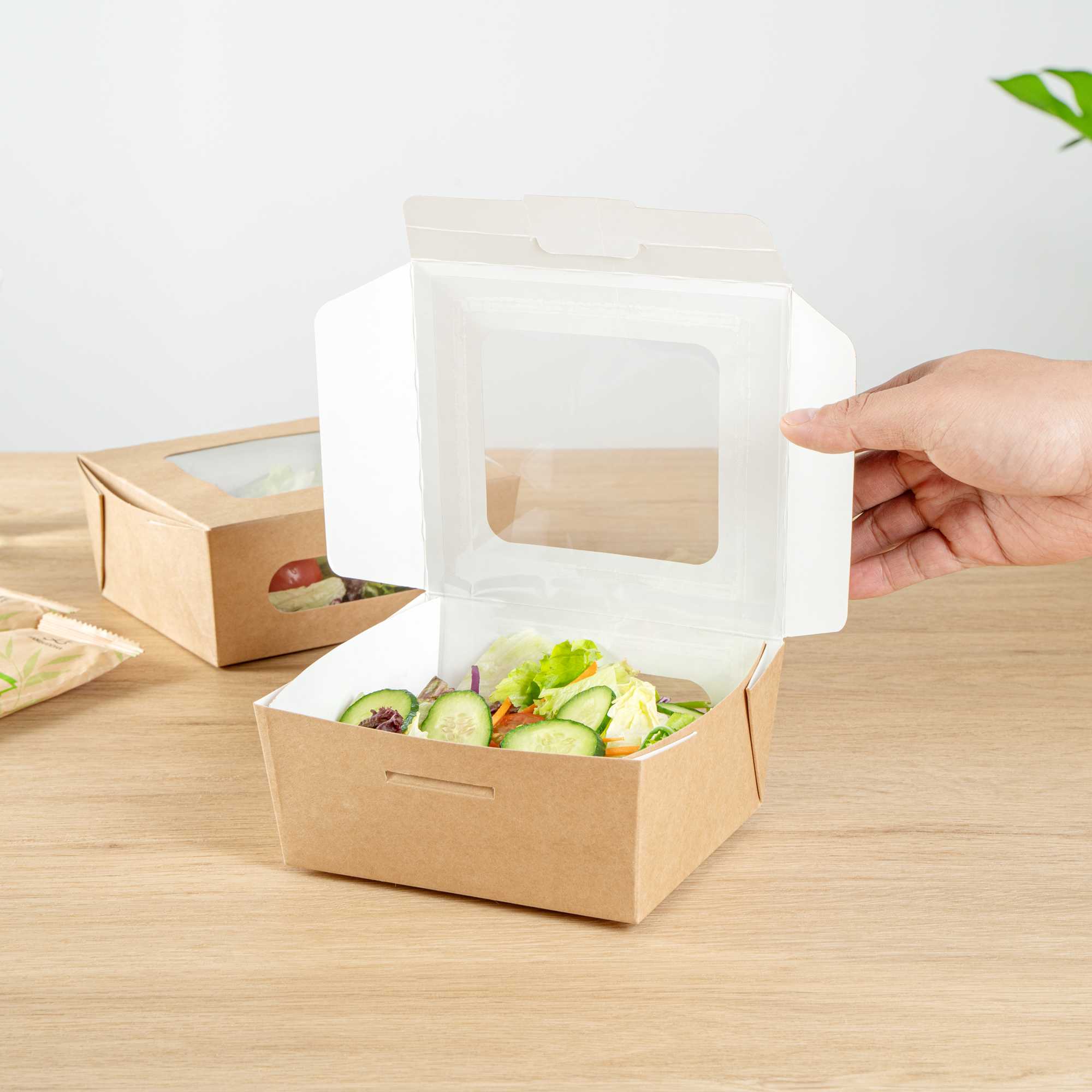 Cafe Vision 41 oz Rectangle Kraft Paper Large Bio Take Out Container - Two Windows - 5 1/4" x 6" x 2 1/2" - 200 count box