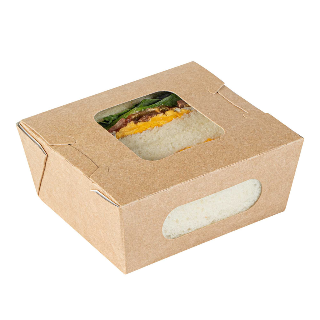 Cafe Vision 12 oz Rectangle Kraft Paper Mini Bio Take Out Container - Two Windows - 4 1/4" x 3 3/4" x 1 3/4" - 200 count box