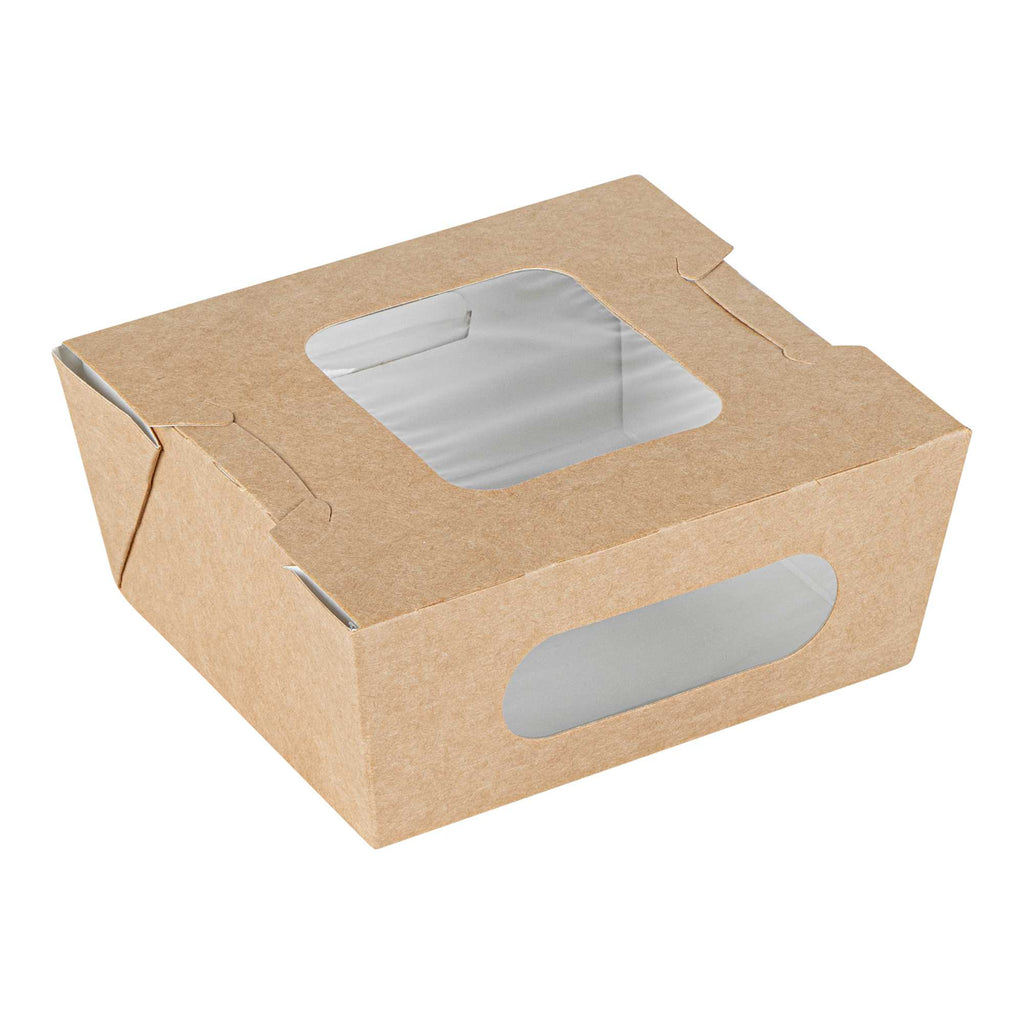 Cafe Vision 12 oz Rectangle Kraft Paper Mini Bio Take Out Container - Two Windows - 4 1/4" x 3 3/4" x 1 3/4" - 200 count box