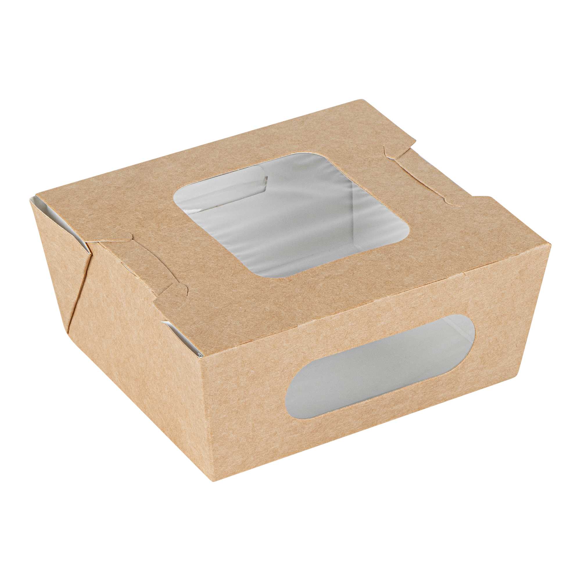 Cafe Vision 12 oz Rectangle Kraft Paper Mini Bio Take Out Container - Two Windows - 4 1/4" x 3 3/4" x 1 3/4" - 200 count box
