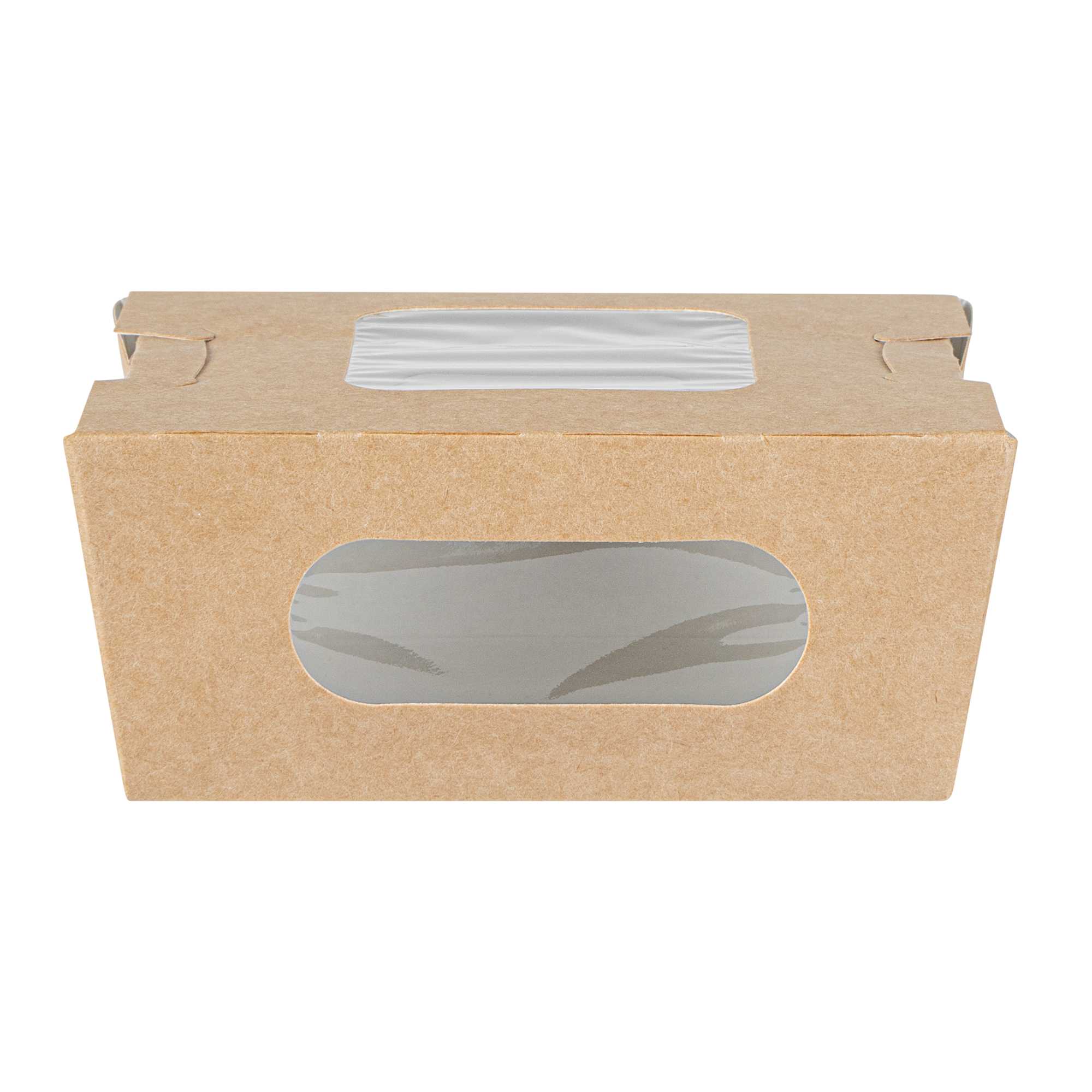 Cafe Vision 12 oz Rectangle Kraft Paper Mini Bio Take Out Container - Two Windows - 4 1/4" x 3 3/4" x 1 3/4" - 200 count box