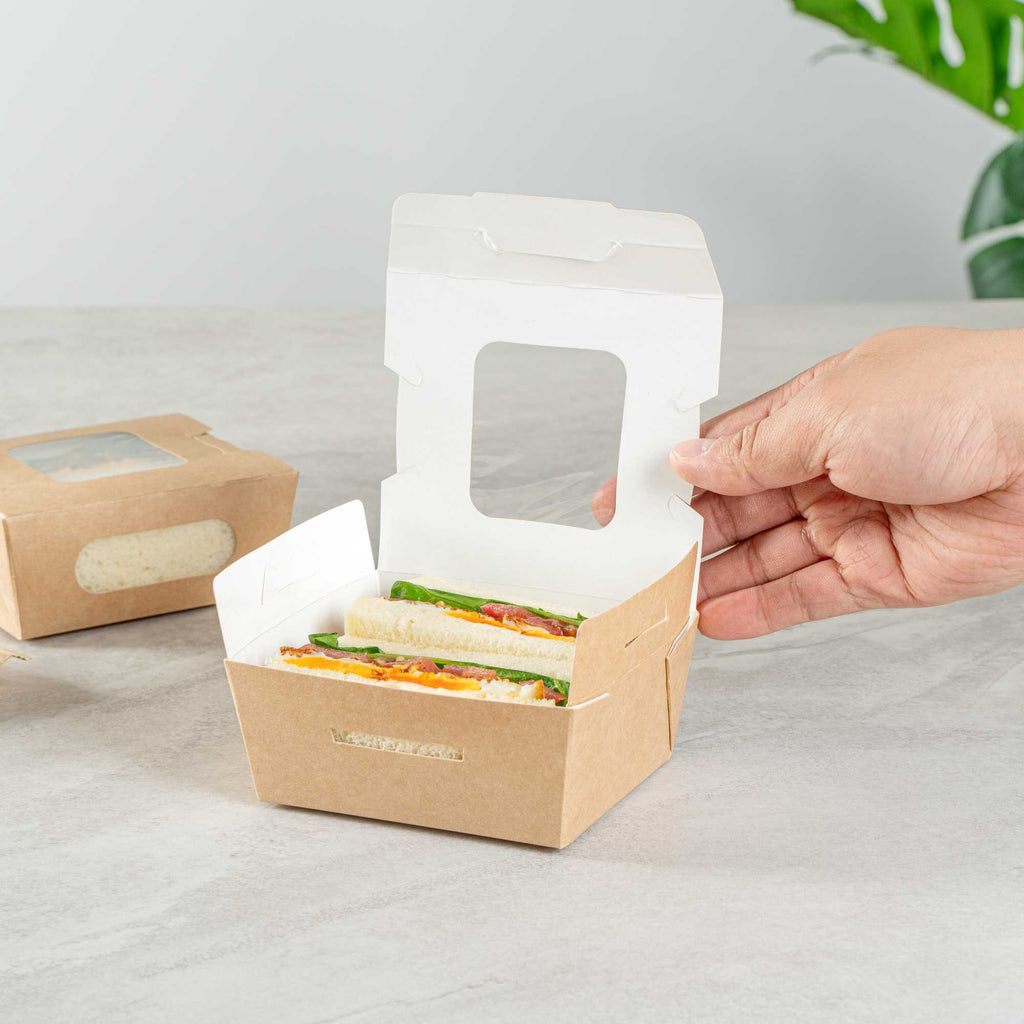 Cafe Vision 12 oz Rectangle Kraft Paper Mini Bio Take Out Container - Two Windows - 4 1/4" x 3 3/4" x 1 3/4" - 200 count box
