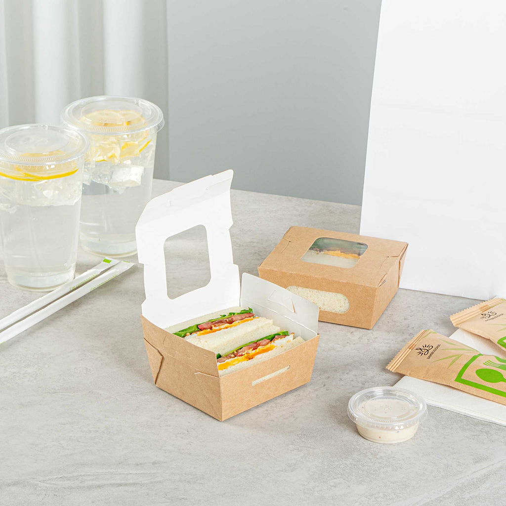Cafe Vision 12 oz Rectangle Kraft Paper Mini Bio Take Out Container - Two Windows - 4 1/4" x 3 3/4" x 1 3/4" - 200 count box