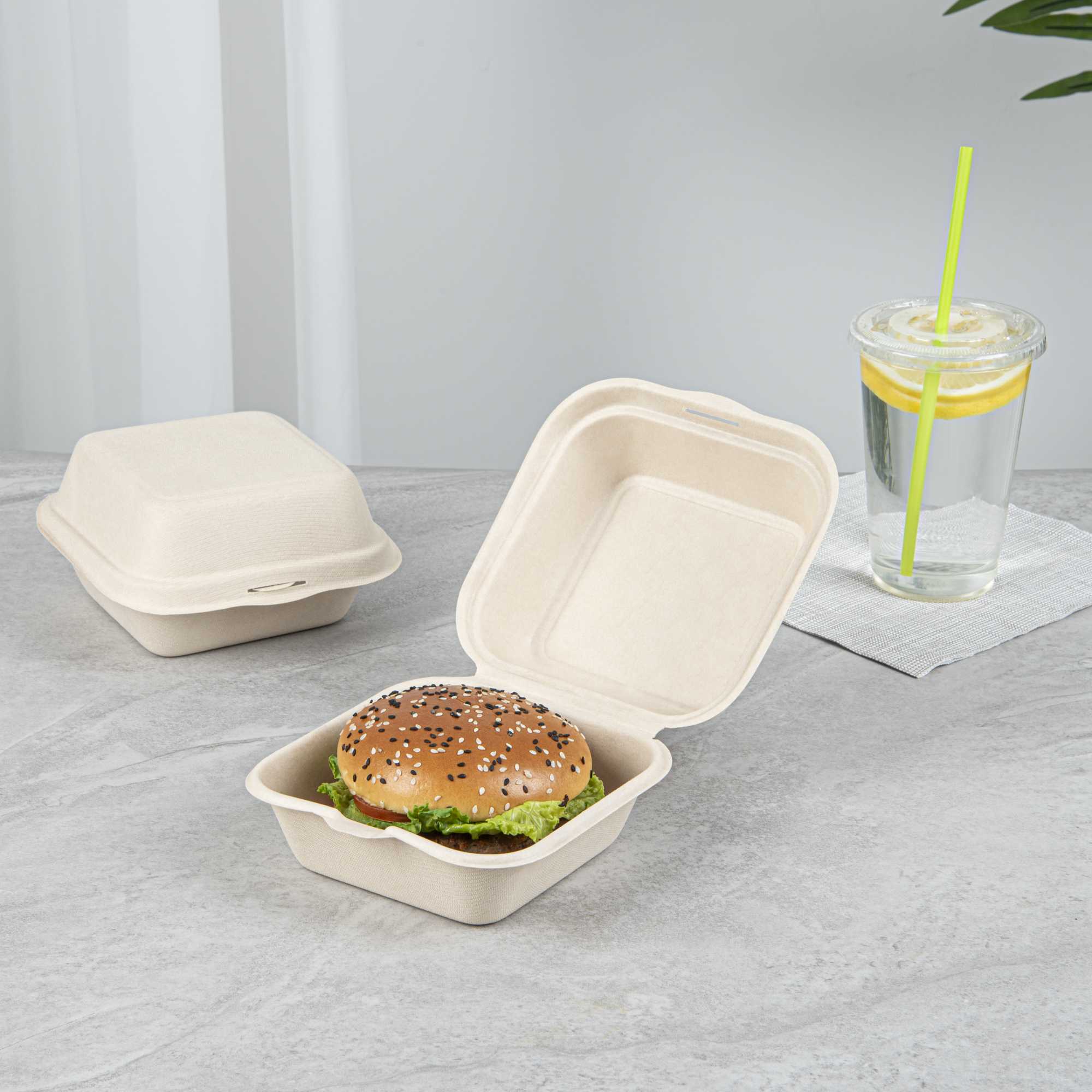 Pulp Tek 15 oz Square White Sugarcane / Bagasse Clamshell Container - 6" x 6" x 3" - 100 count box