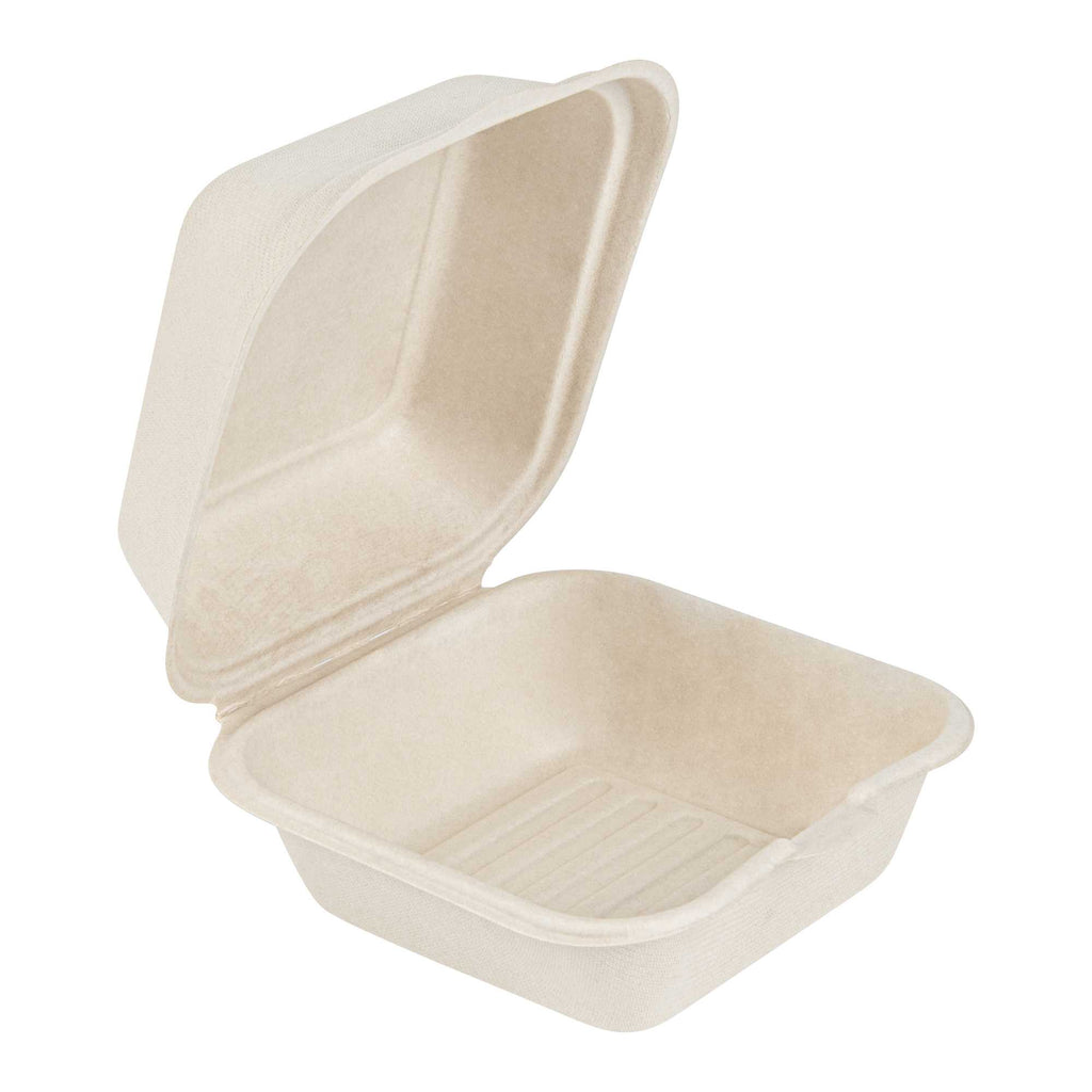 Pulp Tek 15 oz Square White Sugarcane / Bagasse Clamshell Container - 6" x 6" x 3" - 100 count box