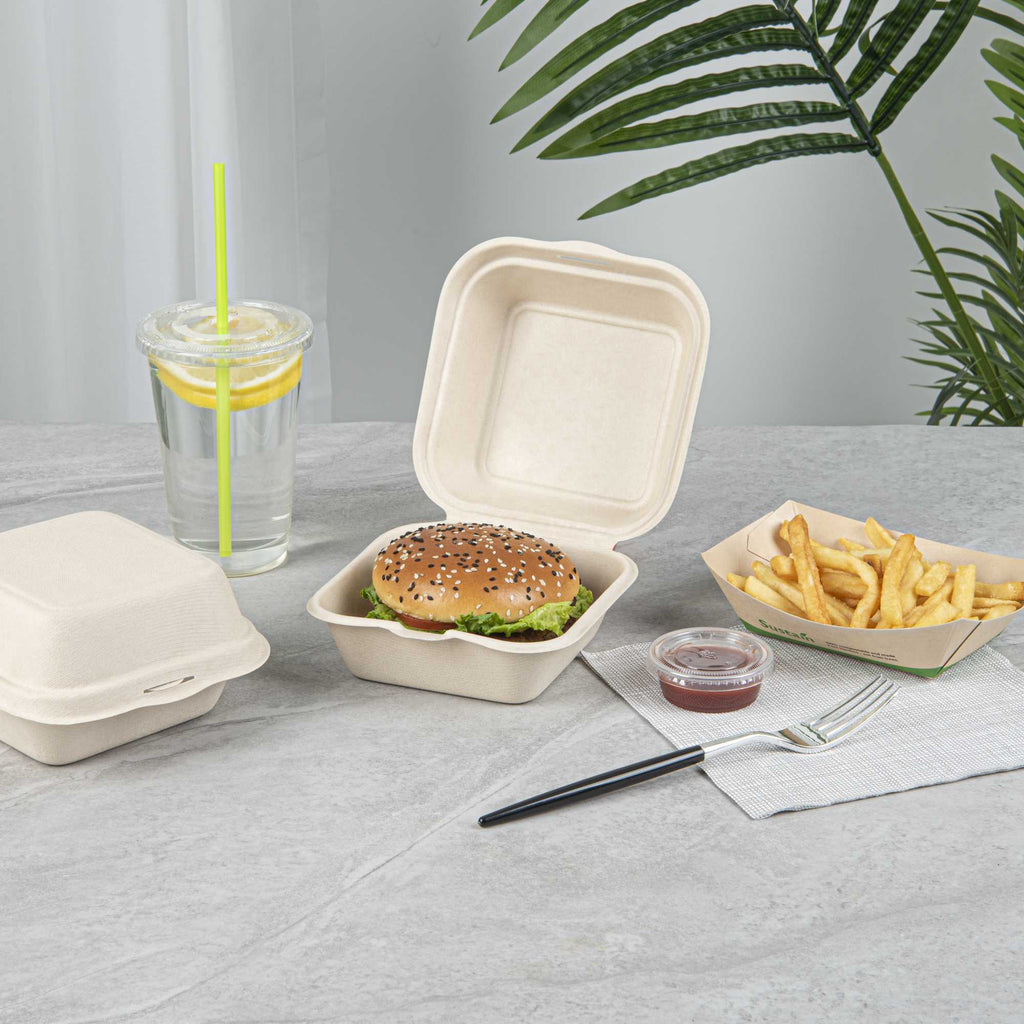 Pulp Tek 15 oz Square White Sugarcane / Bagasse Clamshell Container - 6" x 6" x 3" - 100 count box