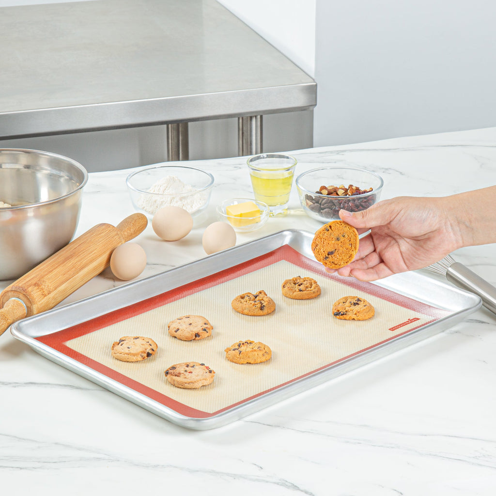 Pastry Tek Rectangle Tan and Red Silicone Half Size Baking Mat - Ultra Durable - 11 3/4" x 15 3/4" - 1 count box