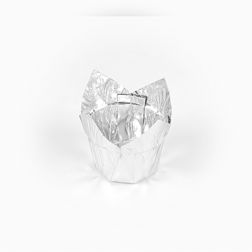Panificio 4 oz Tulip Metallic Silver Paper Regular Baking Cup - 2 1/4" x 2 1/4" x 1 1/2" - 200 count box
