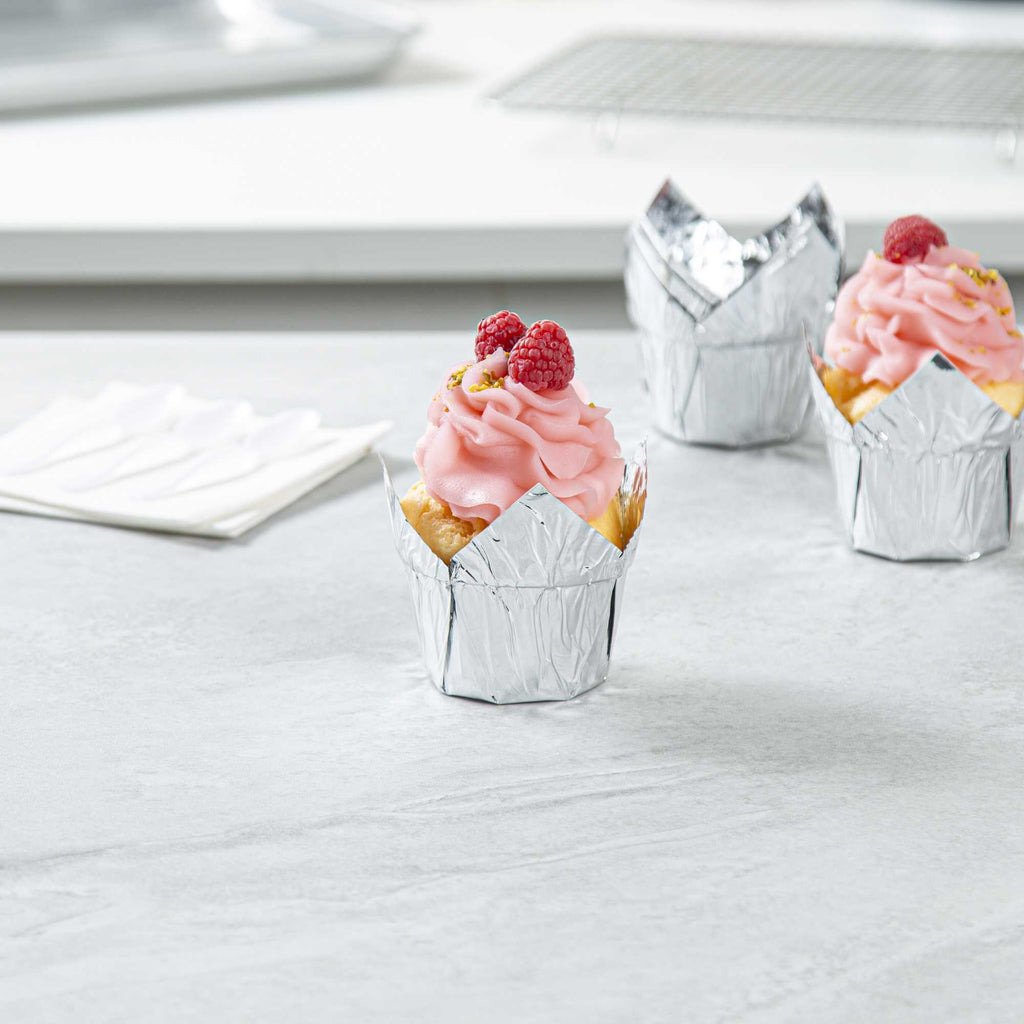 Panificio 4 oz Tulip Metallic Silver Paper Regular Baking Cup - 2 1/4" x 2 1/4" x 1 1/2" - 200 count box