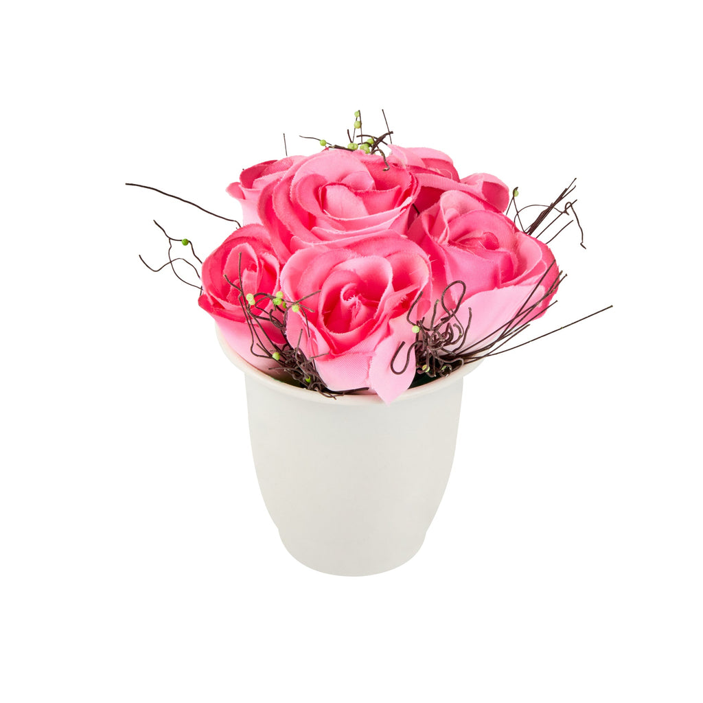 Fiore Pink Plastic Roses in Plastic Pot - 6 Blooms - 4" x 4" x 6" - 12 count box