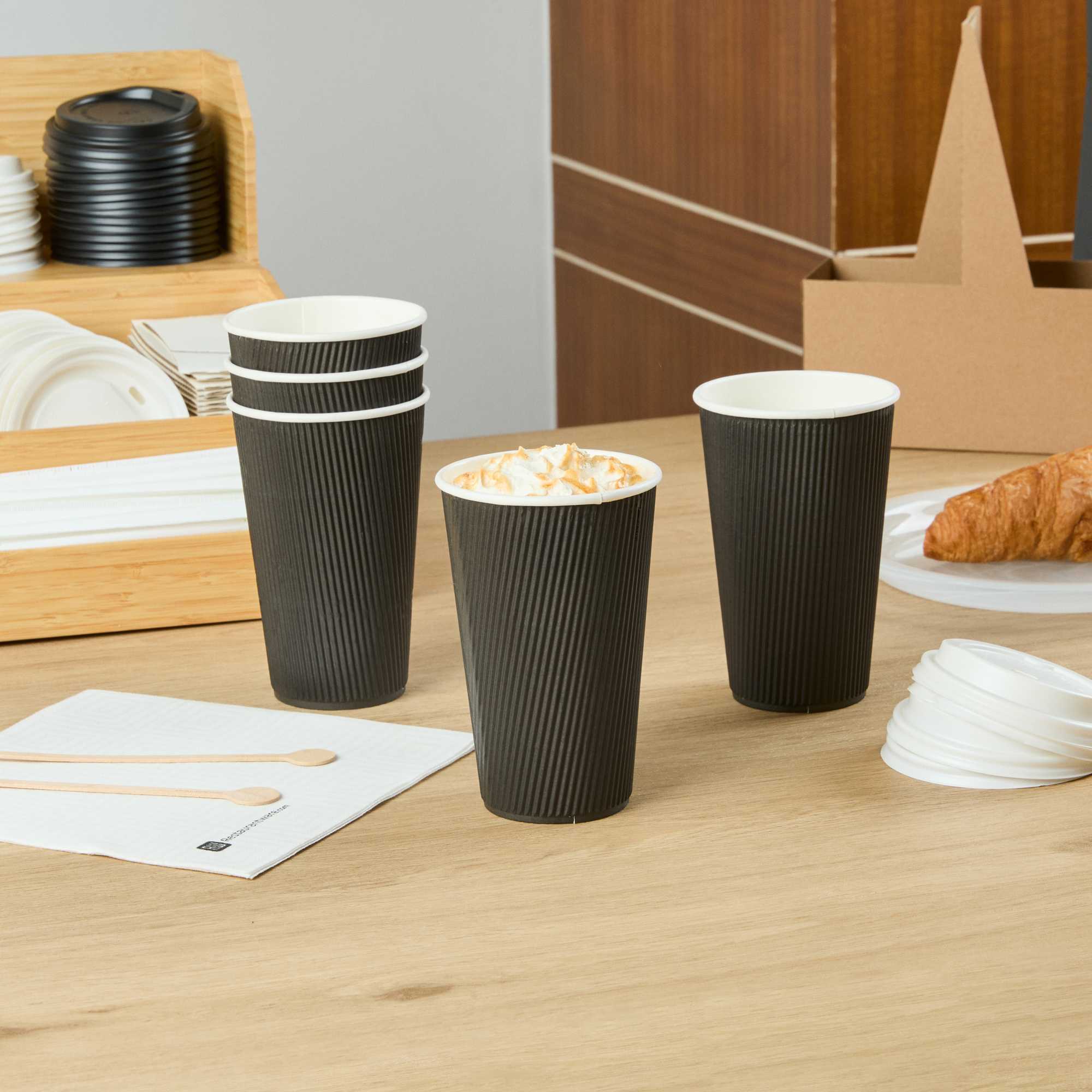 Restpresso 16 oz Black Paper Coffee Cup - Ripple Wall - 3 1/2" x 3 1/2" x 5 1/2" - 25 count box