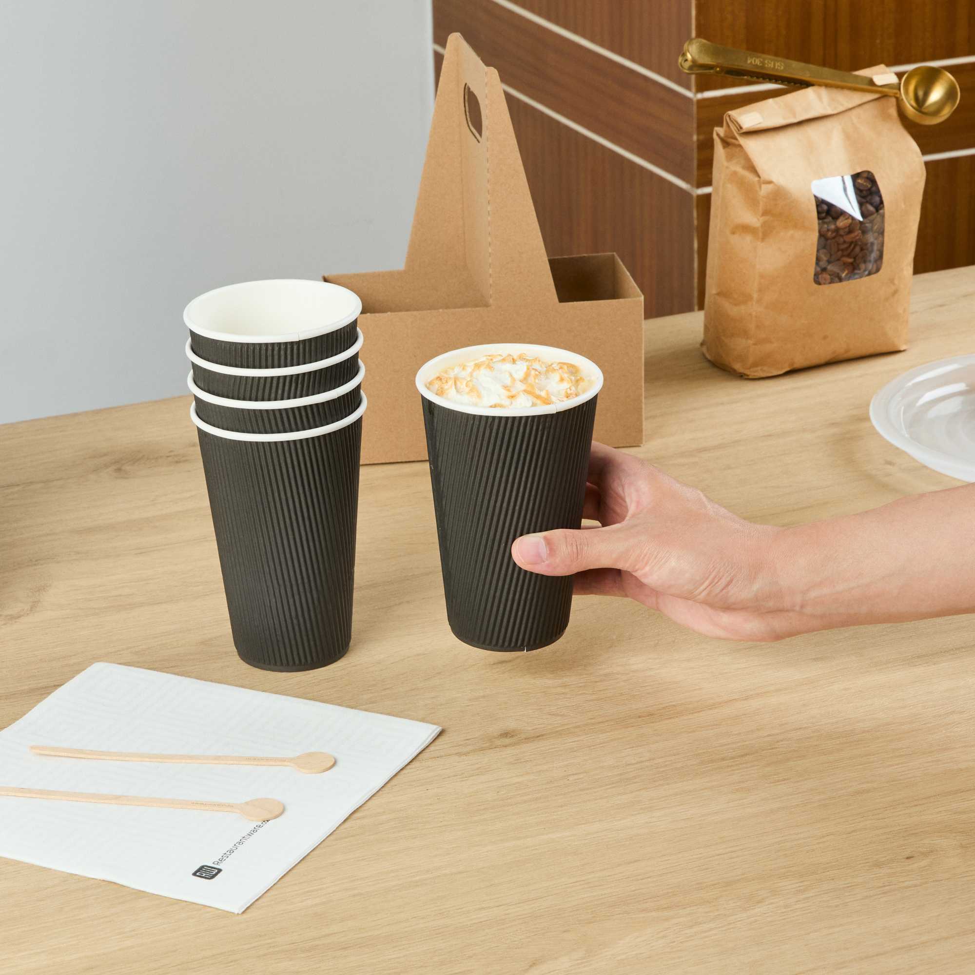 Restpresso 16 oz Black Paper Coffee Cup - Ripple Wall - 3 1/2" x 3 1/2" x 5 1/2" - 500 count box