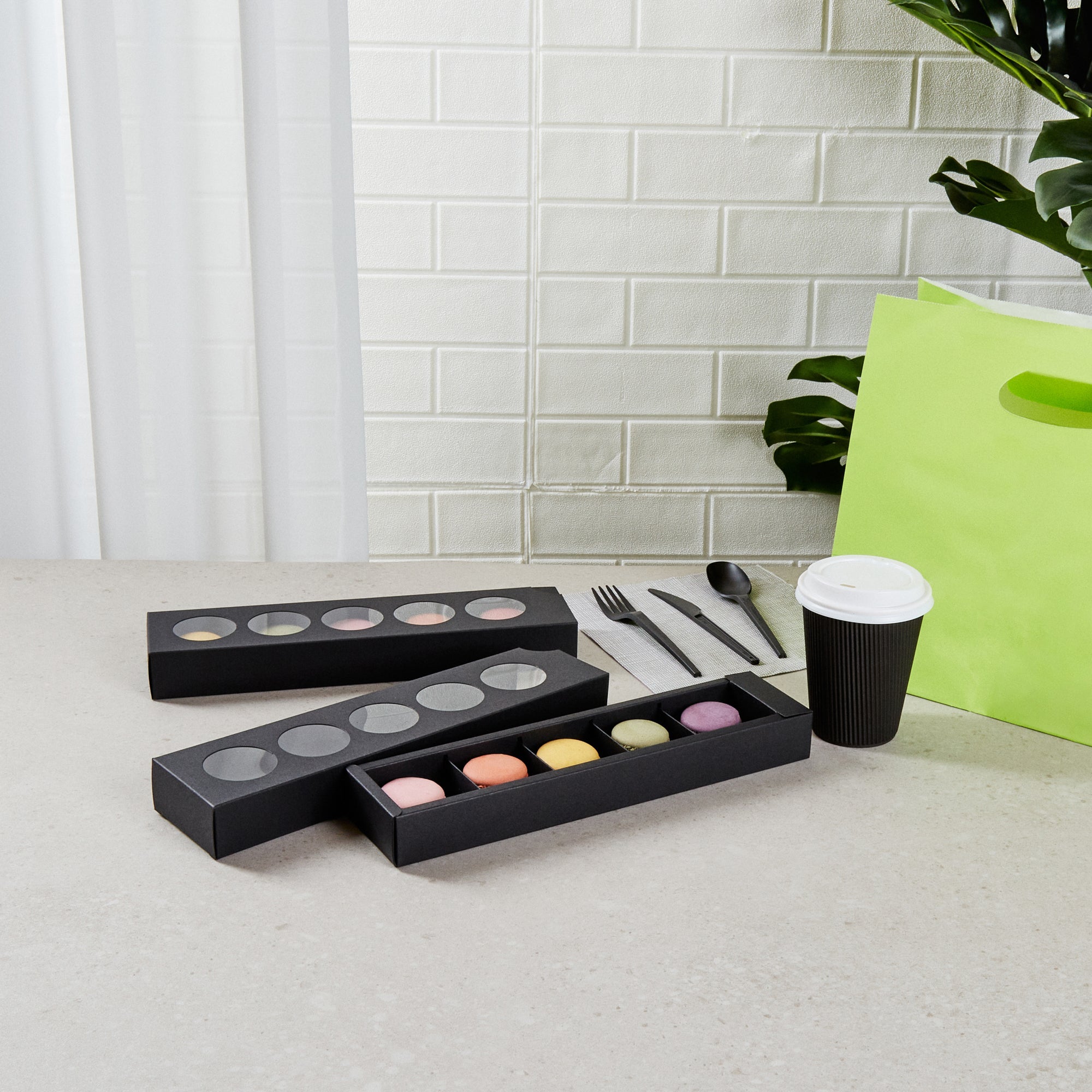 Valentino Rectangle Black Paper Macaron Box - Holds 5 Macarons - 12" x 3" x 1 1/2" - 100 count box
