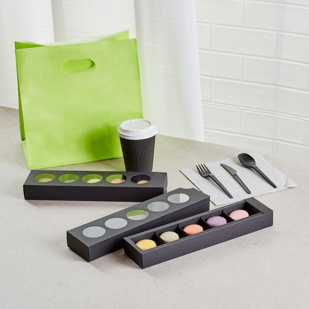Valentino Rectangle Black Paper Macaron Box - Holds 5 Macarons - 12" x 3" x 1 1/2" - 100 count box
