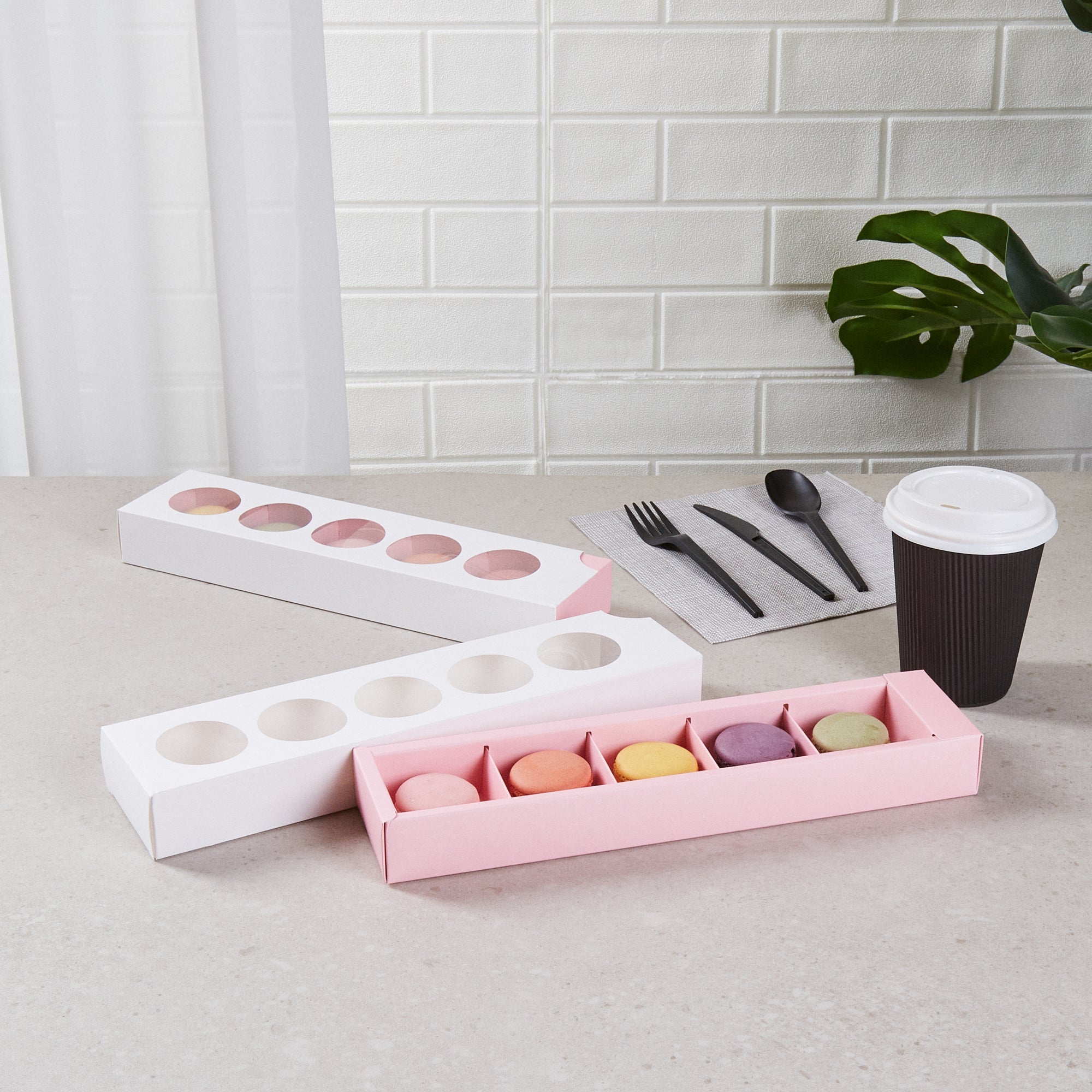 Valentino Rectangle White and Pink Paper Macaron Box - Holds 5 Macarons - 12" x 3" x 1 1/2" - 100 count box