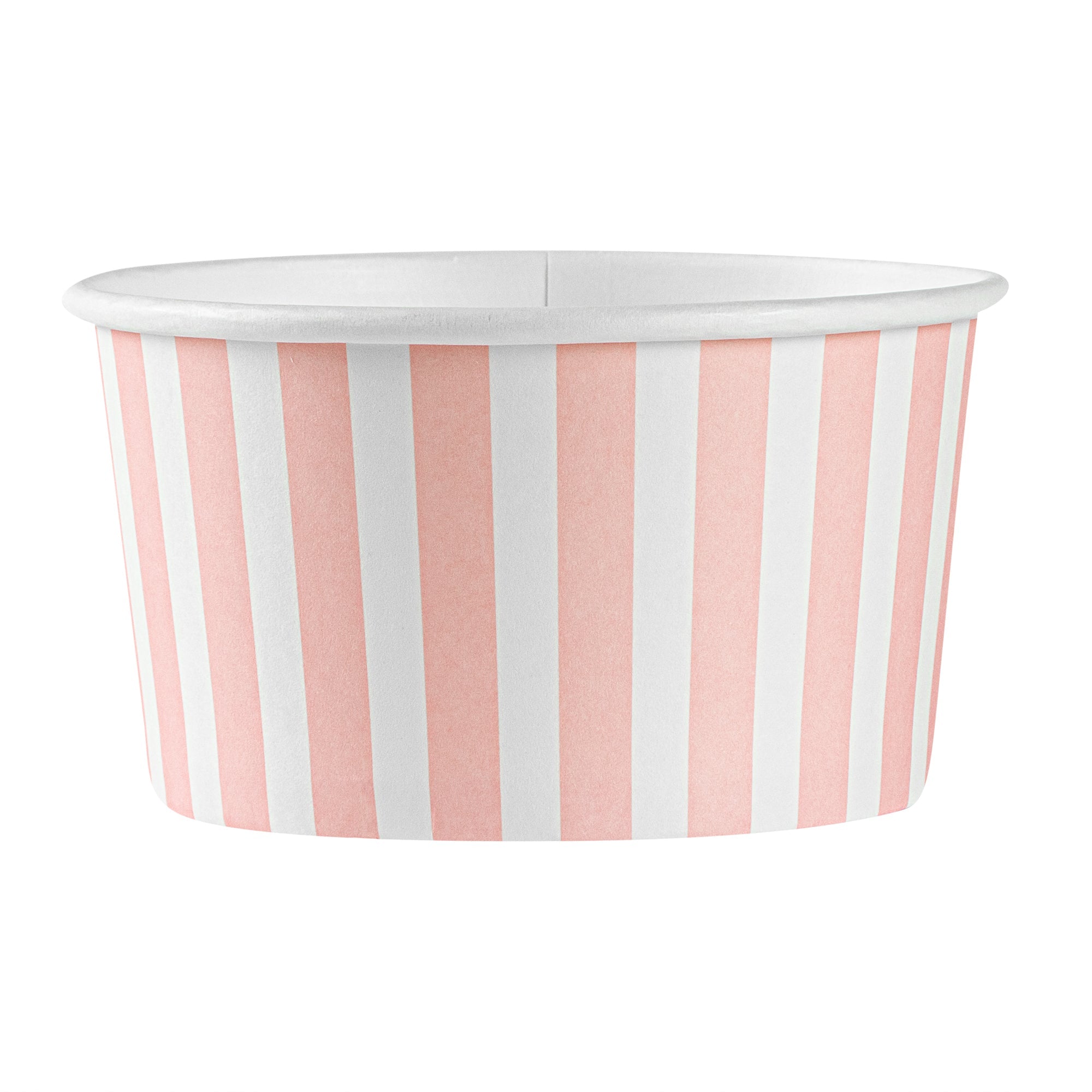 Coppetta 8 oz Round Pink and White Stripe Paper To Go Cup - 3 3/4" x 3 3/4" x 2 1/4" - 50 count box
