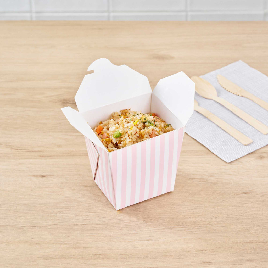 Bio Tek 26 oz Square Pink and White Stripe Paper Noodle Take Out Container - 4" x 3 1/2" x 4" - 200 count box