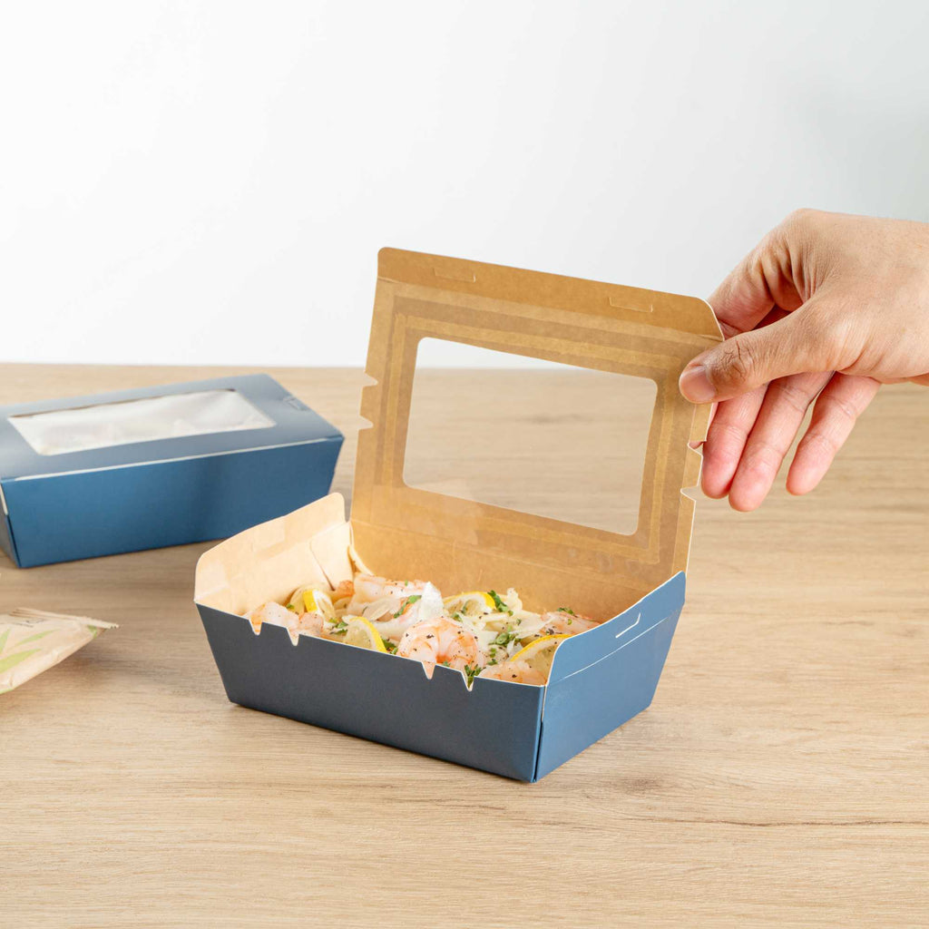 Cafe Vision 21 oz Midnight Blue Paper Small Take Out Container - Hinge Lock - 6 1/4" x 4" x 1 3/4" - 200 count box