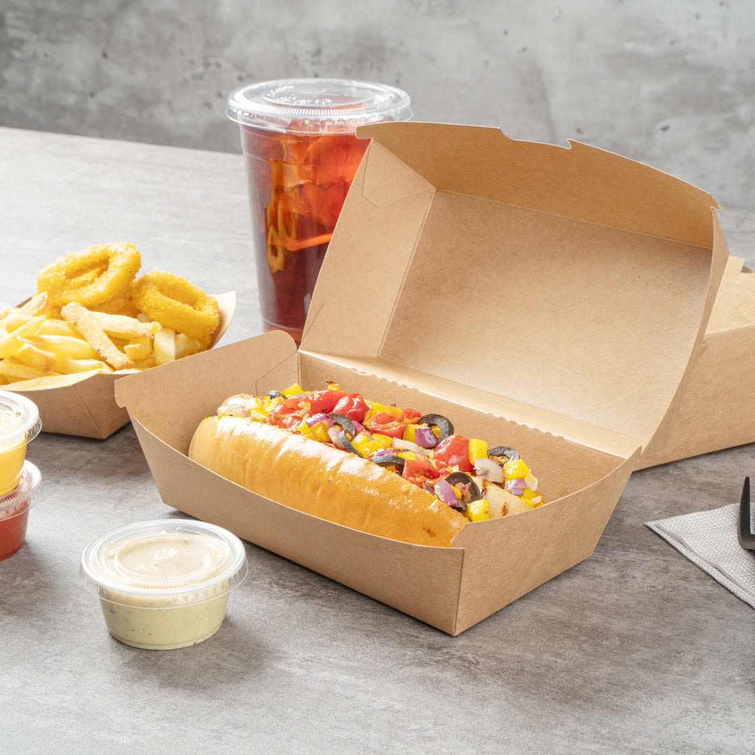 Bio Tek Rectangle Kraft Paper Hot Dog / Sandwich Clamshell Container - 6 3/4" x 3 1/2" x 3 1/2" - 100 count box