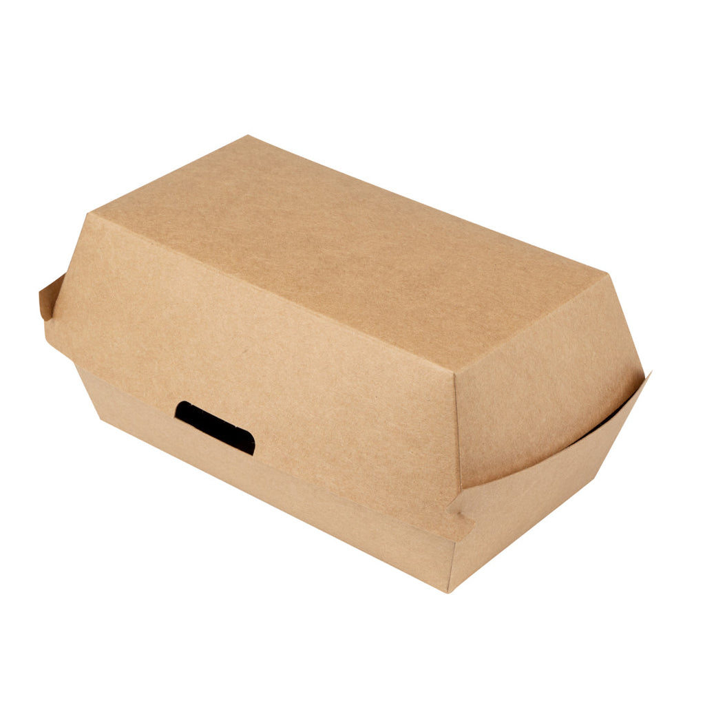 Bio Tek Rectangle Kraft Paper Hot Dog / Sandwich Clamshell Container - 6 3/4" x 3 1/2" x 3 1/2" - 100 count box