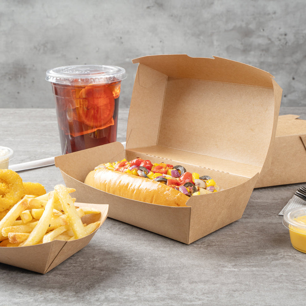 Bio Tek Rectangle Kraft Paper Hot Dog / Sandwich Clamshell Container - 6 3/4" x 3 1/2" x 3 1/2" - 100 count box