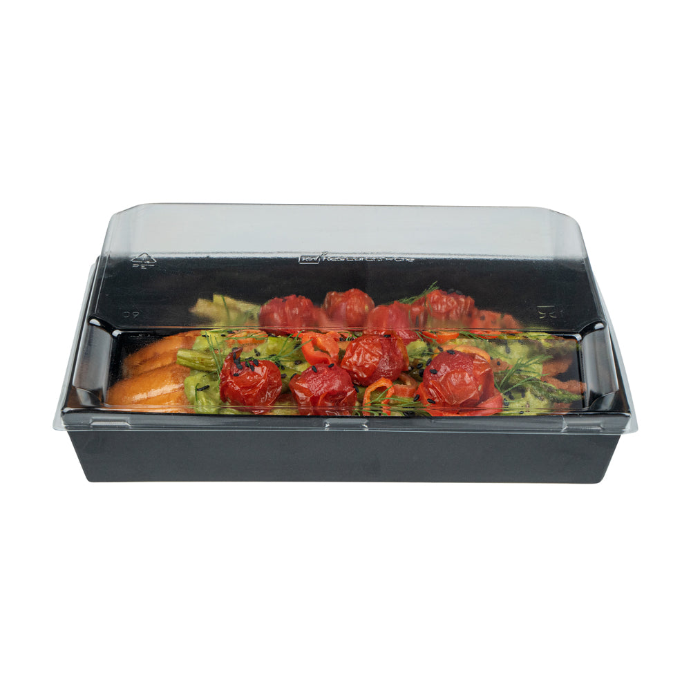 Matsuri Vision Rectangle Black Paper Medium Sushi Tray - 8" x 5" x 1 1/2" - 100 count box