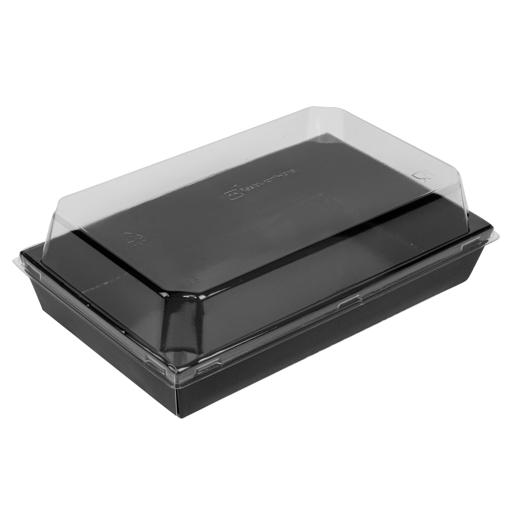 Matsuri Vision Rectangle Black Paper Medium Sushi Tray - 8" x 5" x 1 1/2" - 100 count box