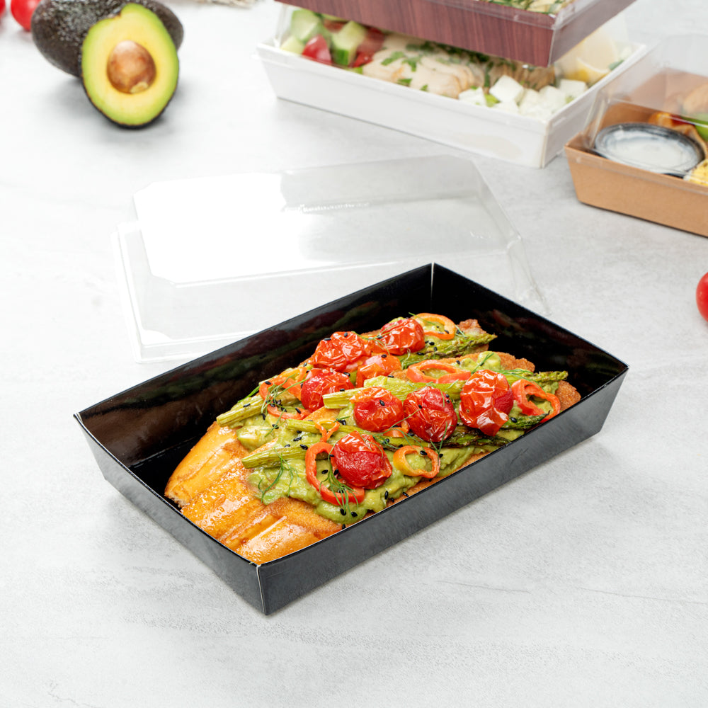 Matsuri Vision Rectangle Black Paper Medium Sushi Tray - 8" x 5" x 1 1/2" - 100 count box