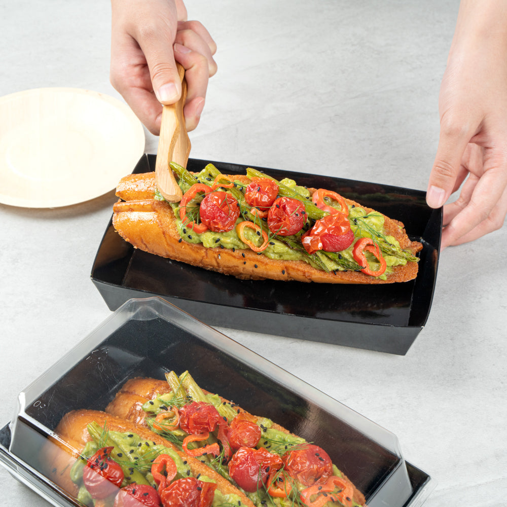 Matsuri Vision Rectangle Black Paper Medium Sushi Tray - 8" x 5" x 1 1/2" - 100 count box