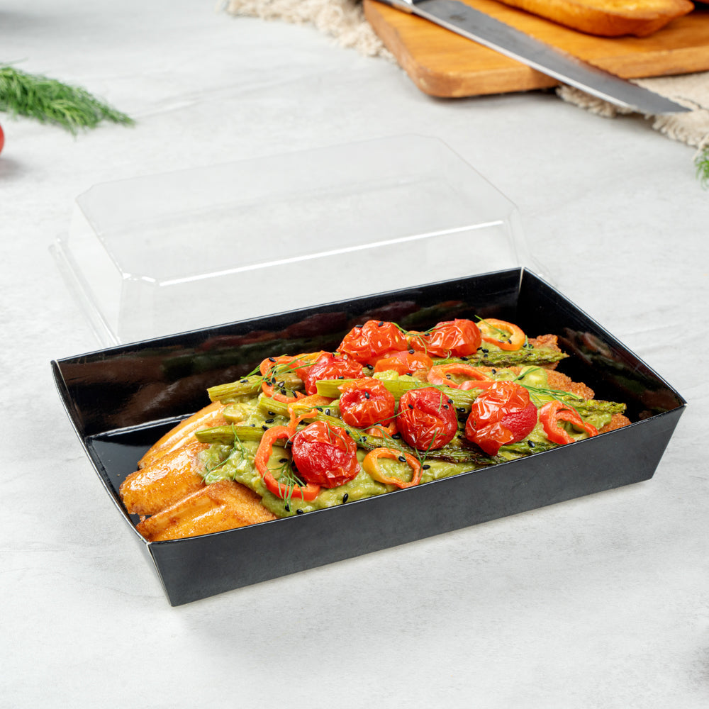 Matsuri Vision Rectangle Black Paper Medium Sushi Tray - 8" x 5" x 1 1/2" - 100 count box
