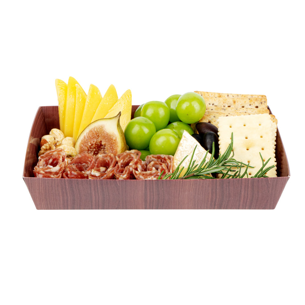Matsuri Vision Rectangle Wood Grain Paper Medium Sushi Tray - 8" x 5" x 1 1/2" - 100 count box