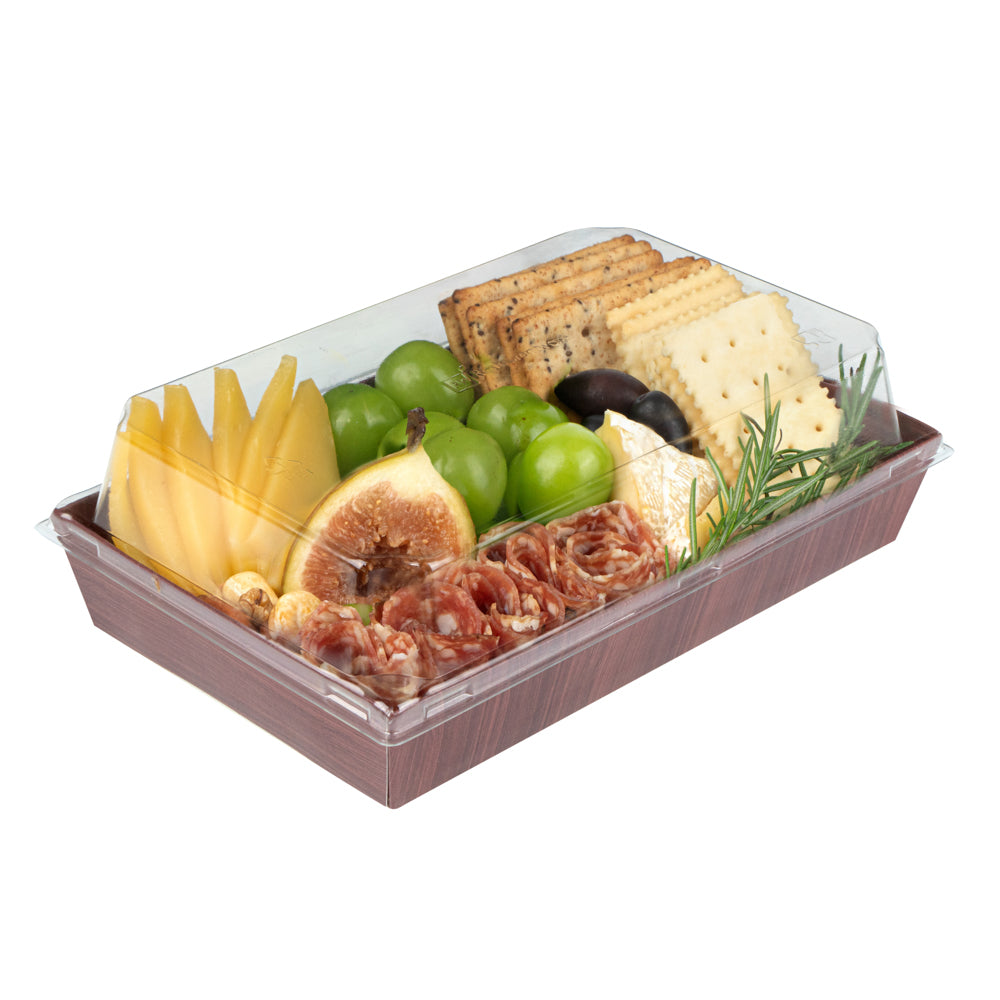 Matsuri Vision Rectangle Wood Grain Paper Medium Sushi Tray - 8" x 5" x 1 1/2" - 100 count box