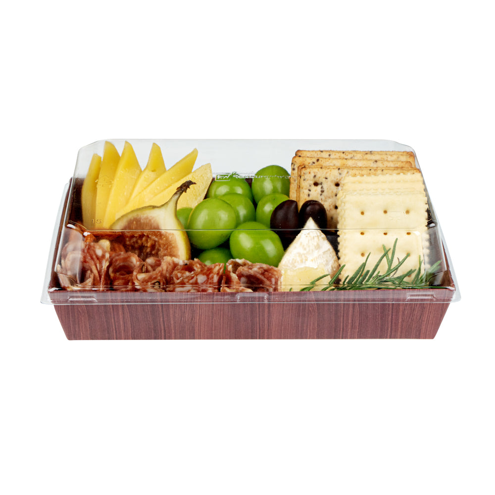 Matsuri Vision Rectangle Wood Grain Paper Medium Sushi Tray - 8" x 5" x 1 1/2" - 100 count box