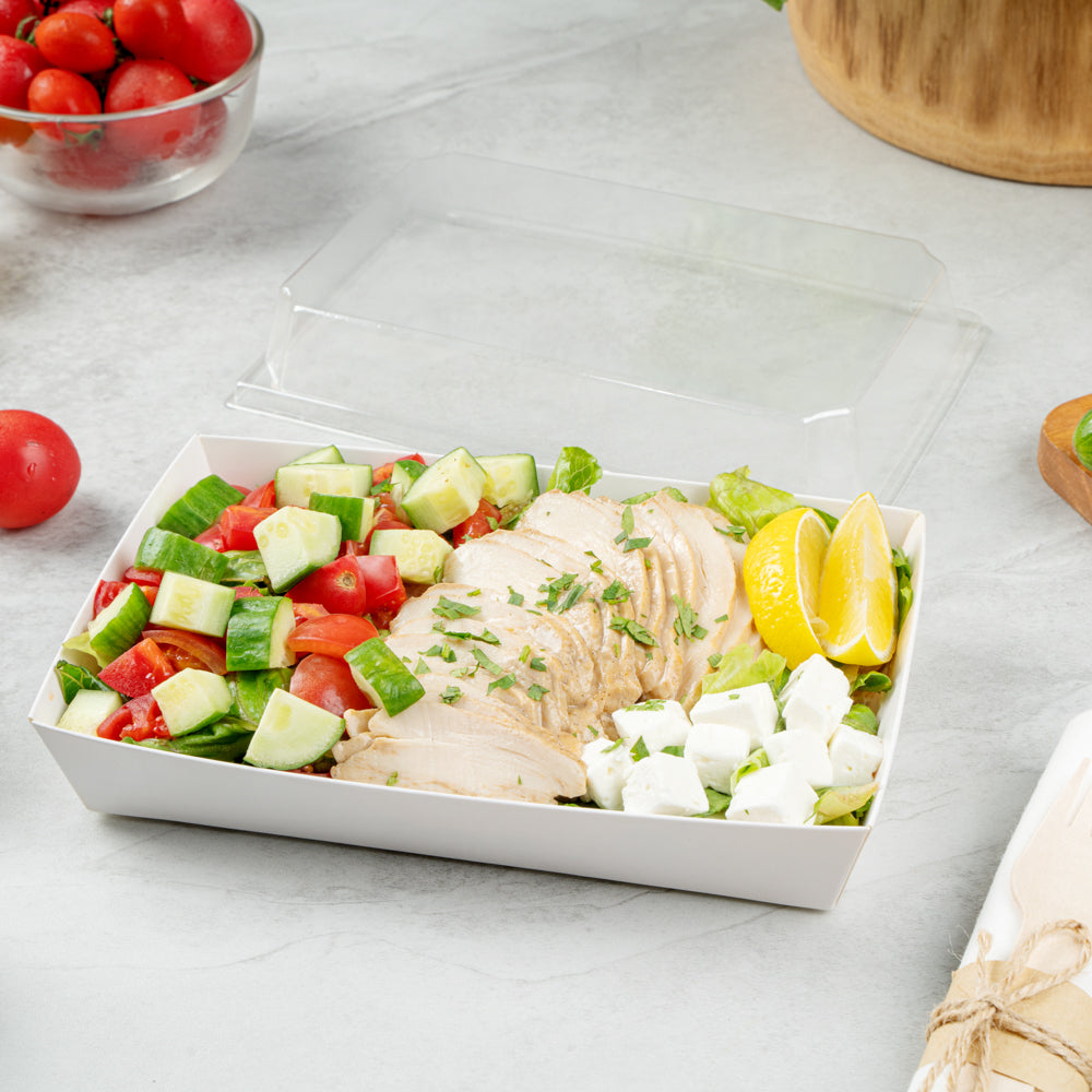 Matsuri Vision Rectangle White Paper Medium Sushi Tray - 8" x 5" x 1 1/2" - 100 count box