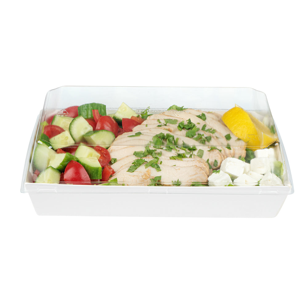 Matsuri Vision Rectangle White Paper Medium Sushi Tray - 8" x 5" x 1 1/2" - 100 count box