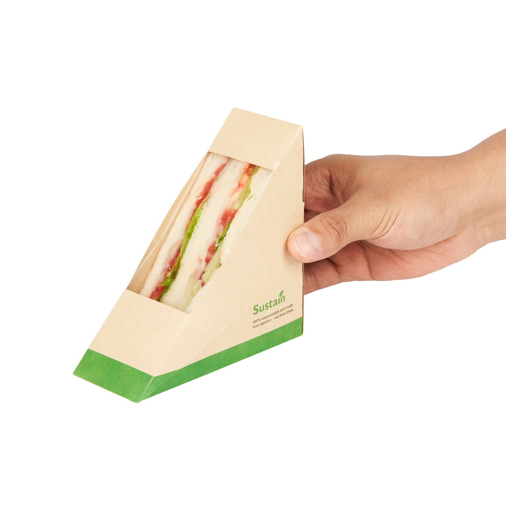 Sustain Bamboo Paper Small Sandwich Box - with PLA Lining and Window, Compostable - 4 3/4" x 4 3/4" x 2" - 50 count box