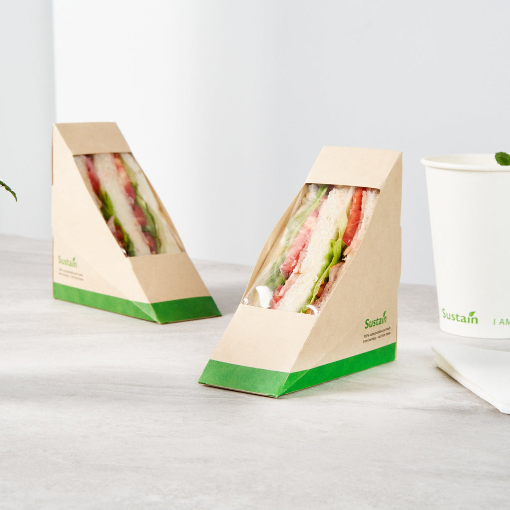 Sustain Bamboo Paper Small Sandwich Box - with PLA Lining and Window, Compostable - 4 3/4" x 4 3/4" x 2" - 50 count box