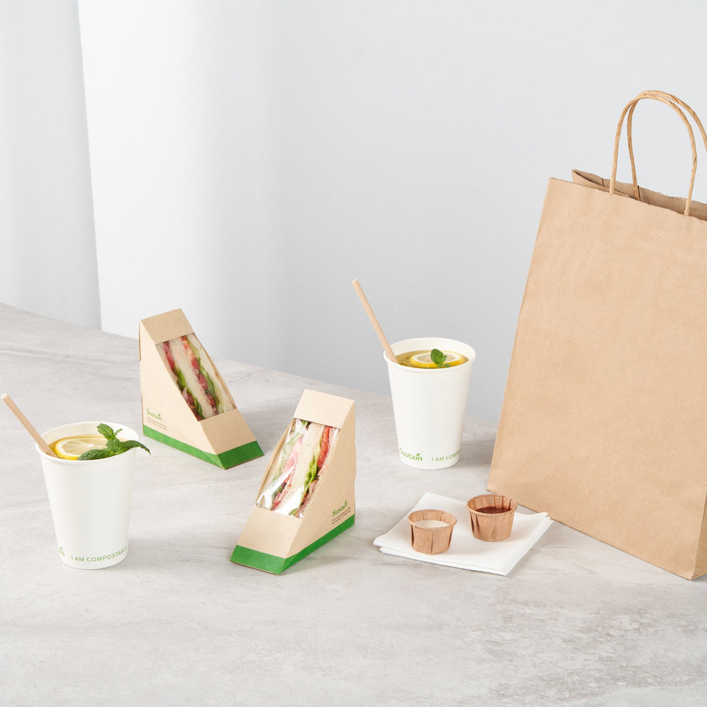 Sustain Bamboo Paper Small Sandwich Box - with PLA Lining and Window, Compostable - 4 3/4" x 4 3/4" x 2" - 50 count box