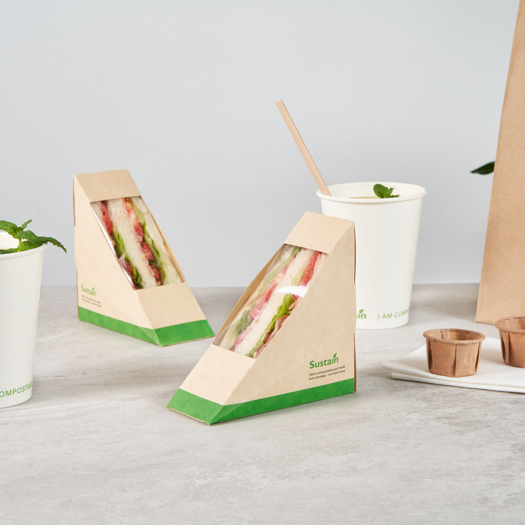 Sustain Bamboo Paper Small Sandwich Box - with PLA Lining and Window, Compostable - 4 3/4" x 4 3/4" x 2" - 50 count box