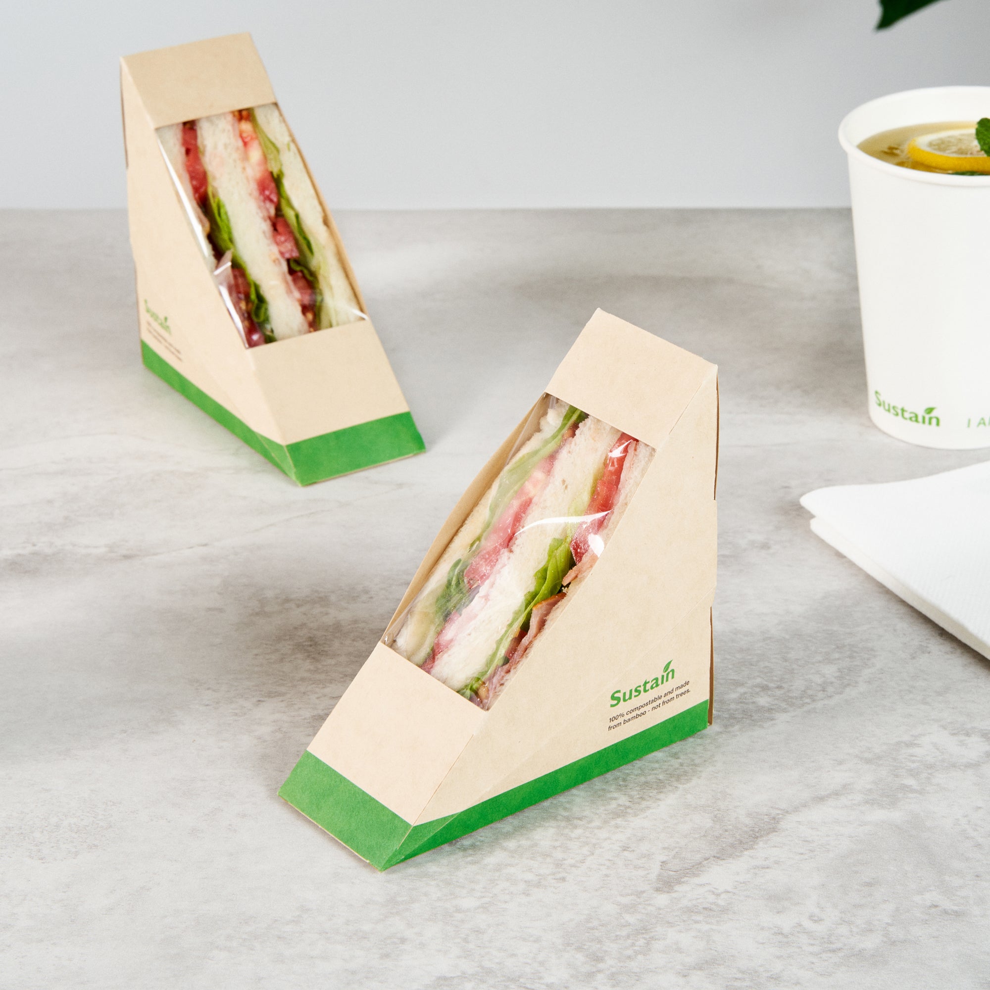 Sustain Bamboo Paper Small Sandwich Box - with PLA Lining and Window, Compostable - 4 3/4" x 4 3/4" x 2" - 200 count box