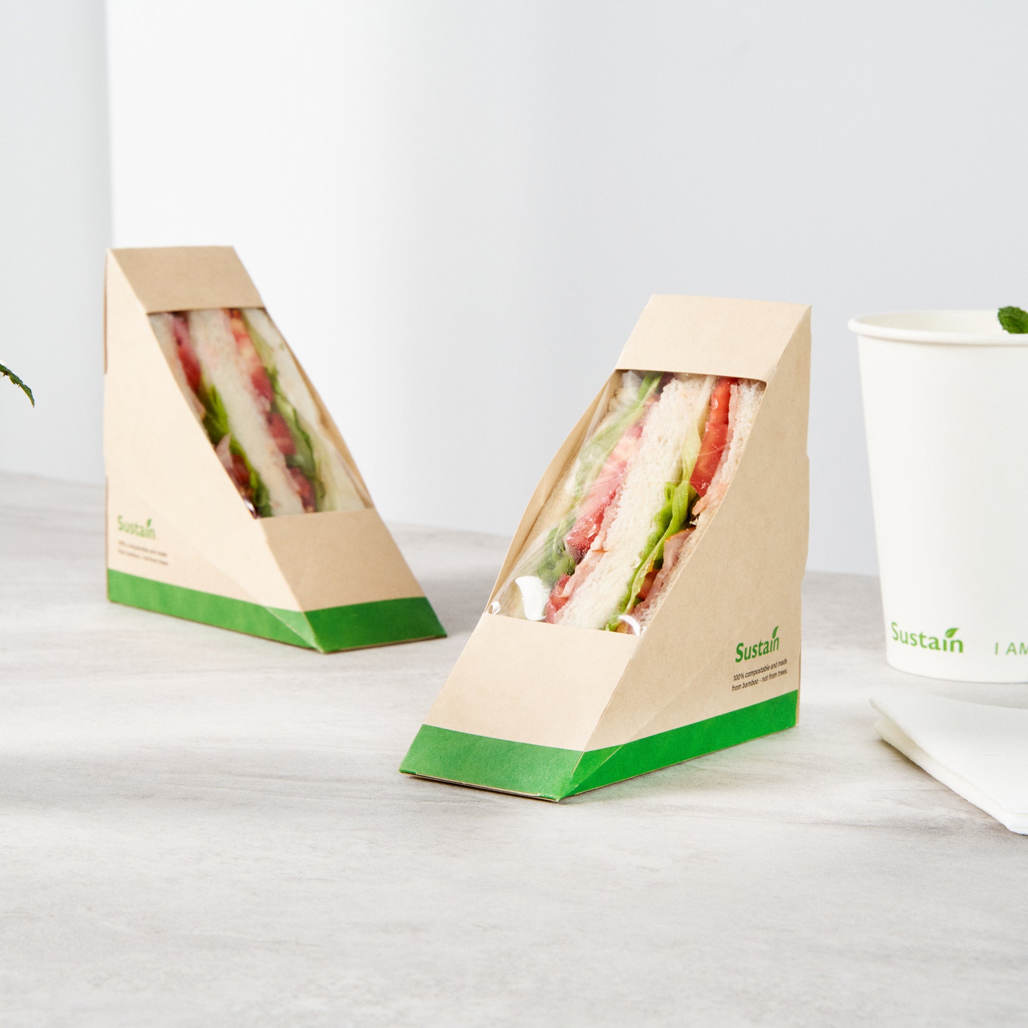 Sustain Bamboo Paper Small Sandwich Box - with PLA Lining and Window, Compostable - 4 3/4" x 4 3/4" x 2" - 200 count box