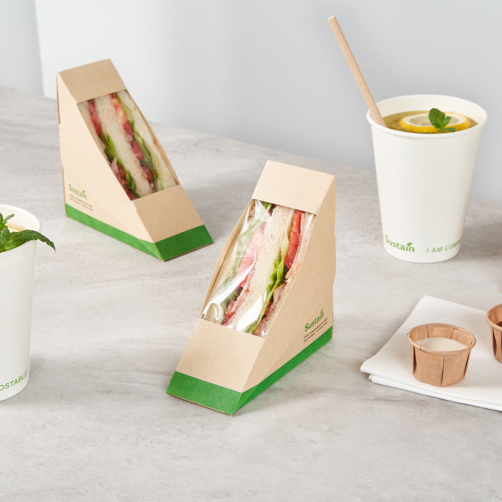 Sustain Bamboo Paper Small Sandwich Box - with PLA Lining and Window, Compostable - 4 3/4" x 4 3/4" x 2" - 200 count box