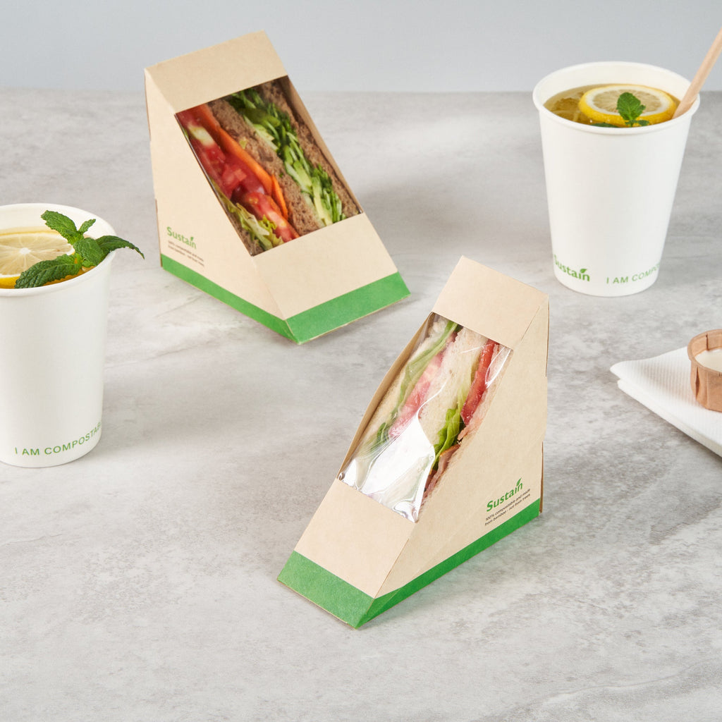 Sustain Bamboo Paper Small Sandwich Box - with PLA Lining and Window, Compostable - 4 3/4" x 4 3/4" x 2" - 200 count box