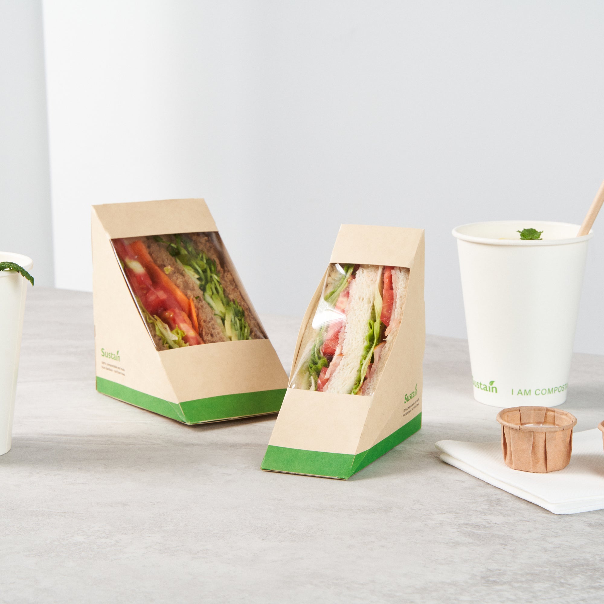 Sustain Bamboo Paper Small Sandwich Box - with PLA Lining and Window, Compostable - 4 3/4" x 4 3/4" x 2" - 200 count box