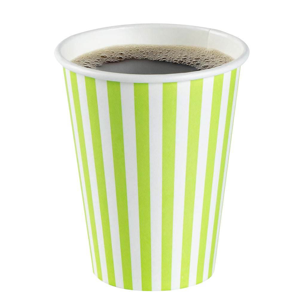 Restpresso 12 oz Green and White Stripe Paper Single Wall Coffee Cup - with White Lid - 3 1/2"x 3 1/2"x 4 3/4" - 20 count box