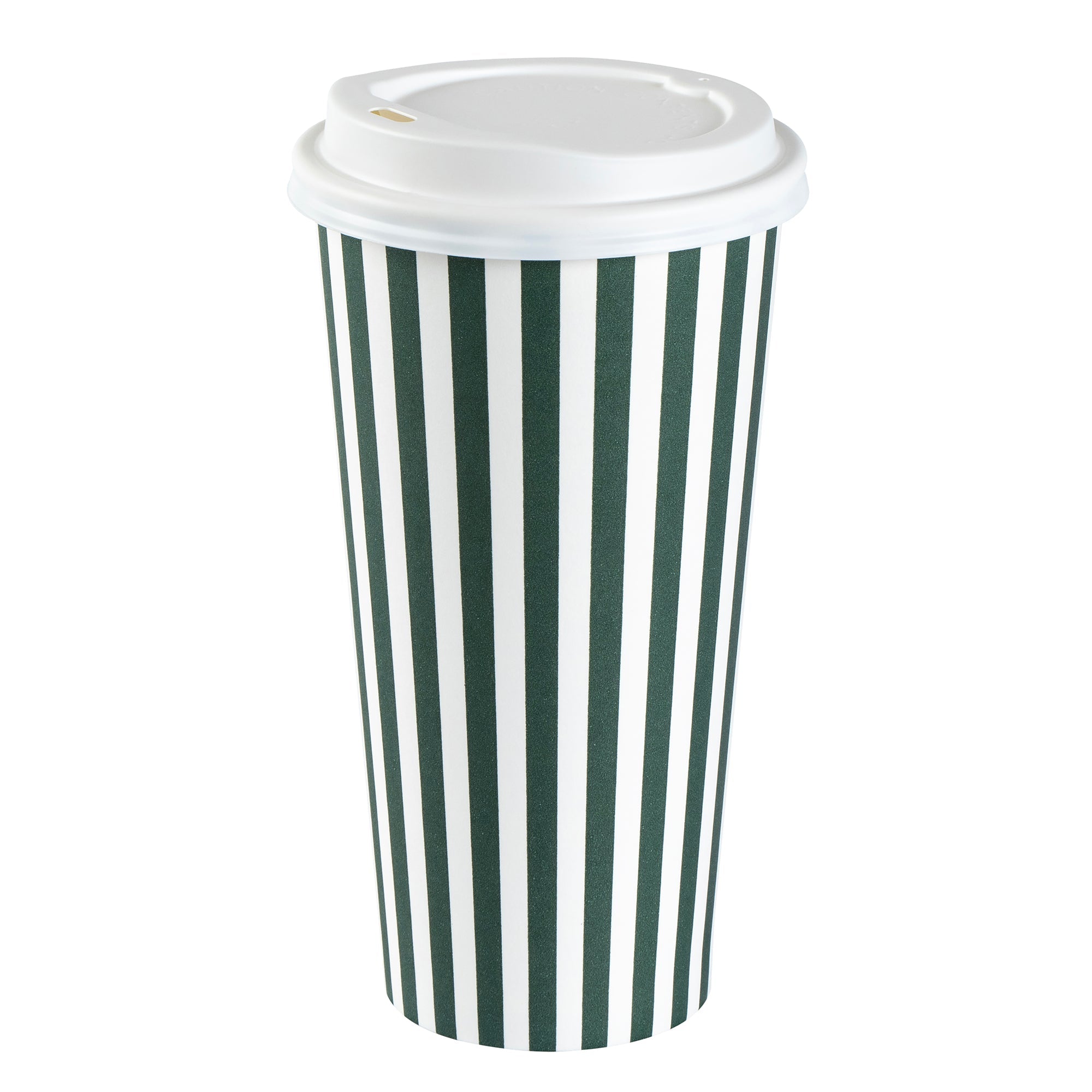 Restpresso 20 oz Forest Green and White Stripe Paper Single Wall Coffee Cup - with White Lid - 3 1/2"x 3 1/2"x 6 1/2" - 20 count box