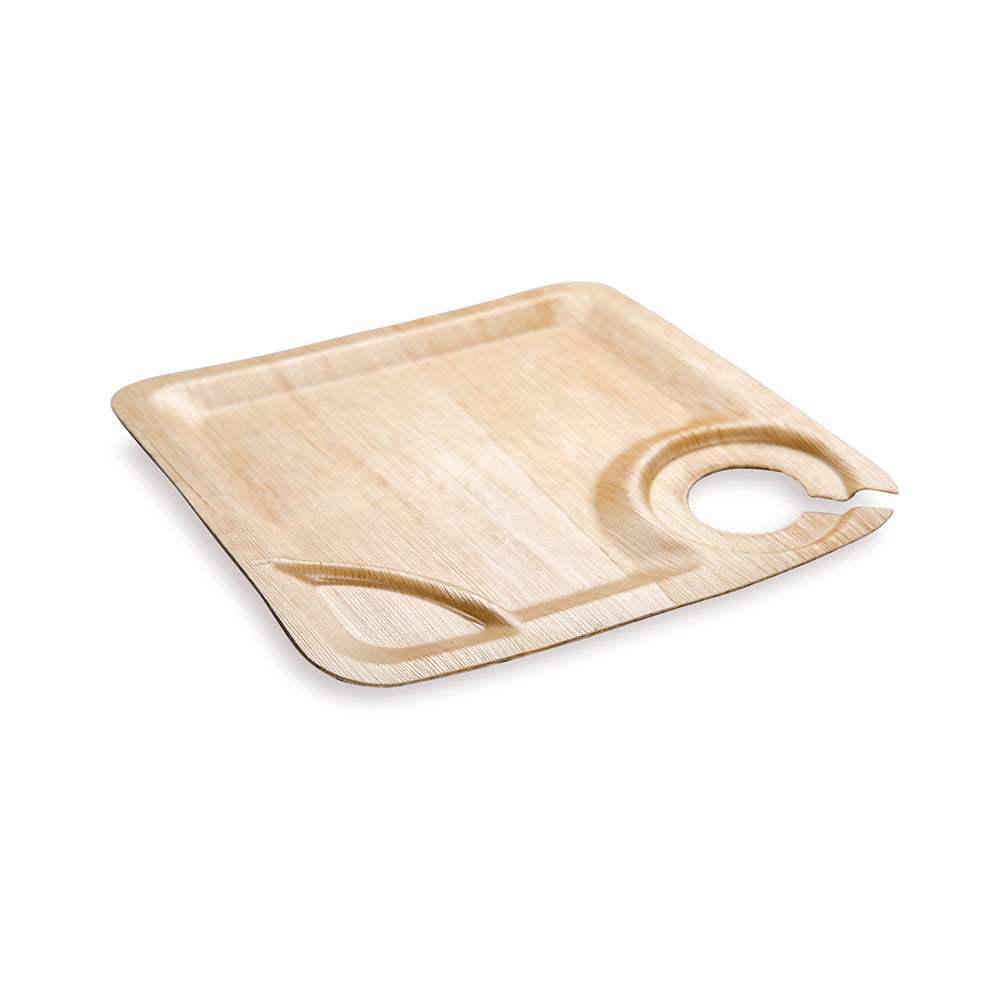 Bambuddha Square Natural Bamboo Leaf Plate with Cup Holder - 9" x 9" x 1/2" - 50 count box