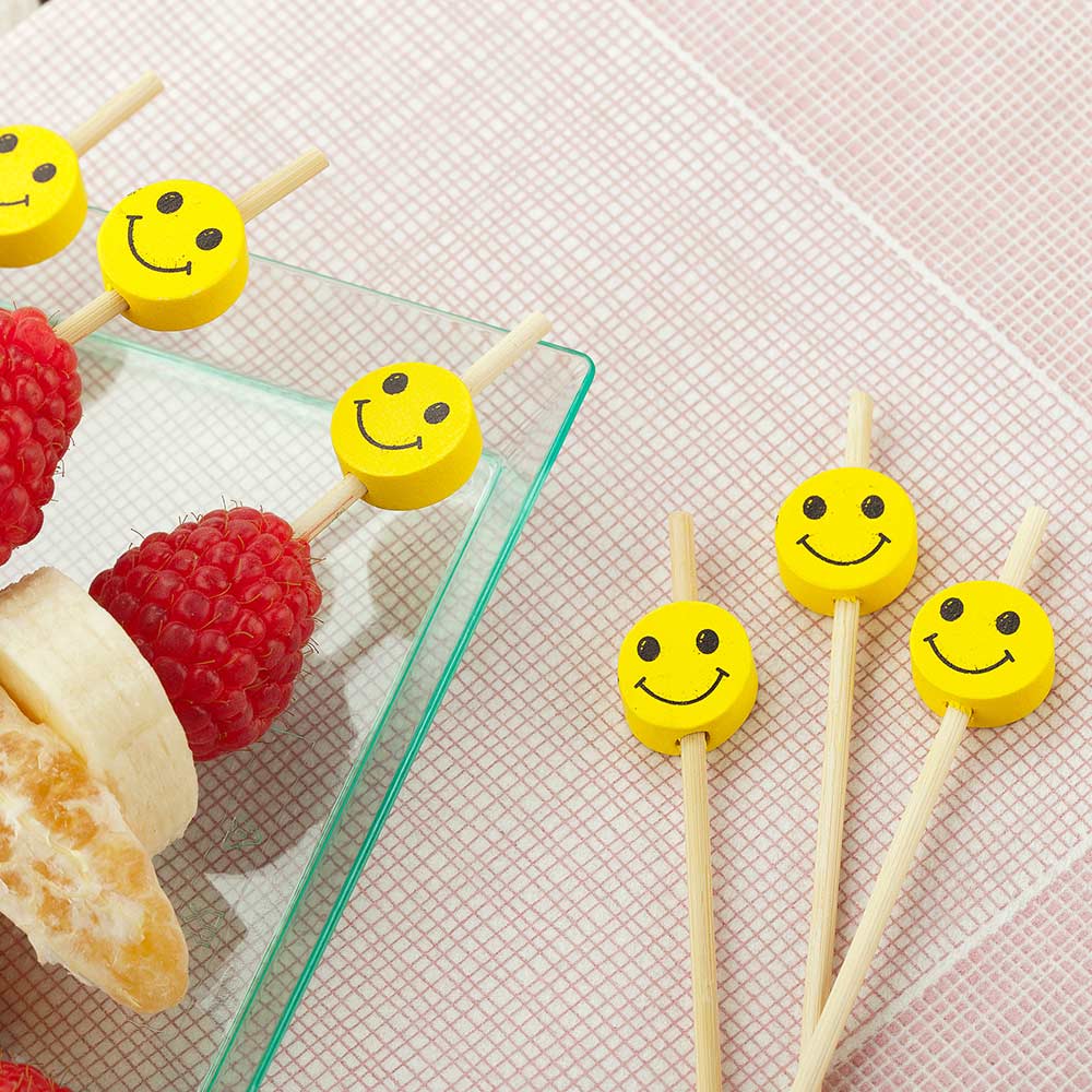 Pixy Yellow and Black Bamboo Smiley Face Skewer - 6" x 1/2" - 1000 count box