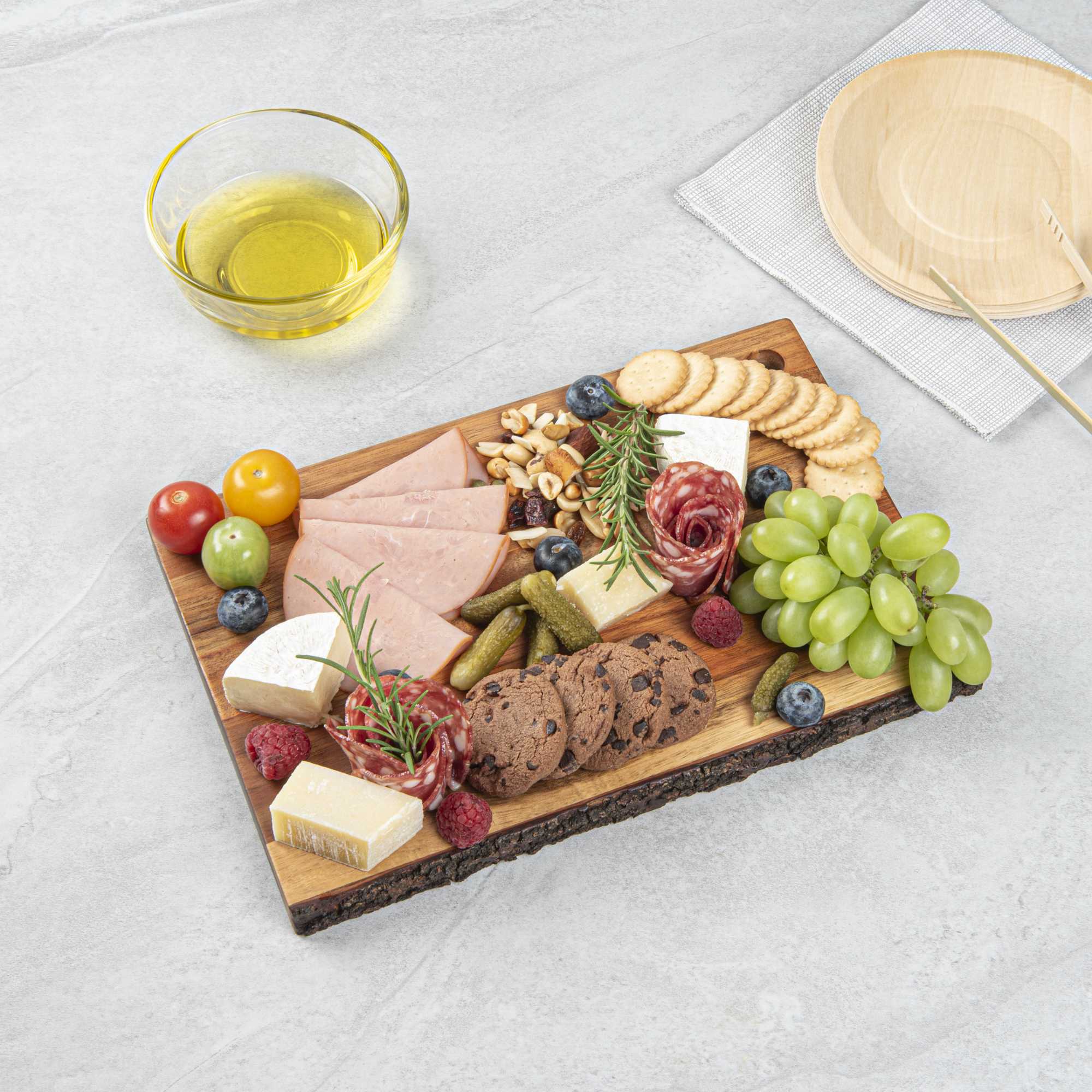 Eco Display Rectangle Natural Acacia Serving Board - Varnished, Bark Edges - 12" x 8" x 3/4" - 1 count box